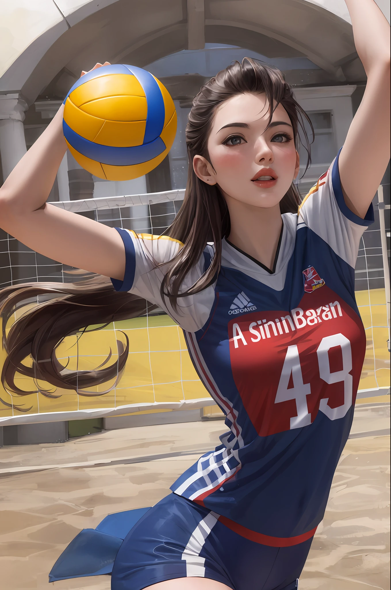 Masterpiece artwork: 1.2, best qualityer), realisitic, (Actual image, details Intricate, Depth of field), (1girl, 独奏), make-up, lips half-open, Bullishmente detalhado, face perfect, (Breasts huge: 1.4), (skindentation ), thick-thighs, Broad Hips, Waist slender, Bullish, bright coral lips, red hair, Eyes red, hypdertailed, (A girl playing volleyball, red volleyball uniform), (sweat: 1,2), (humida), sexly, blushing,