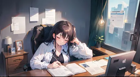 (Office Lady taking a nap in the office: 1.3)), ((Lying on the desk): 1.2), (Relaxed pose: 1.2), (Relieved of tired look:1.1), (...
