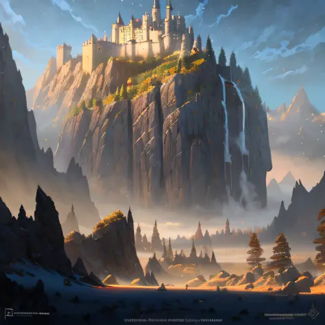 mountains and a castle in the distance with a sky background, artista conceitual premiado, Bussiere Rutkowski Andreas Rocha, Jam...