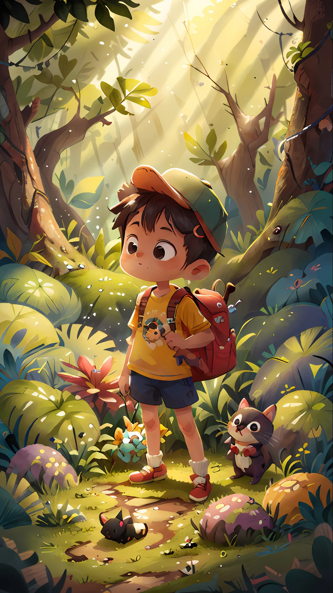 一个小男孩和一个 , 在照亮的森林里