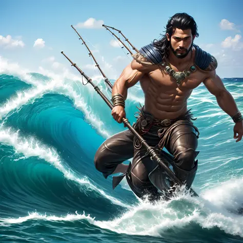 God of the Sea, The god of fisheries, black hair, young, thin, riding the wave, sea breeze, Realistic anatomy, HighQuality, real...