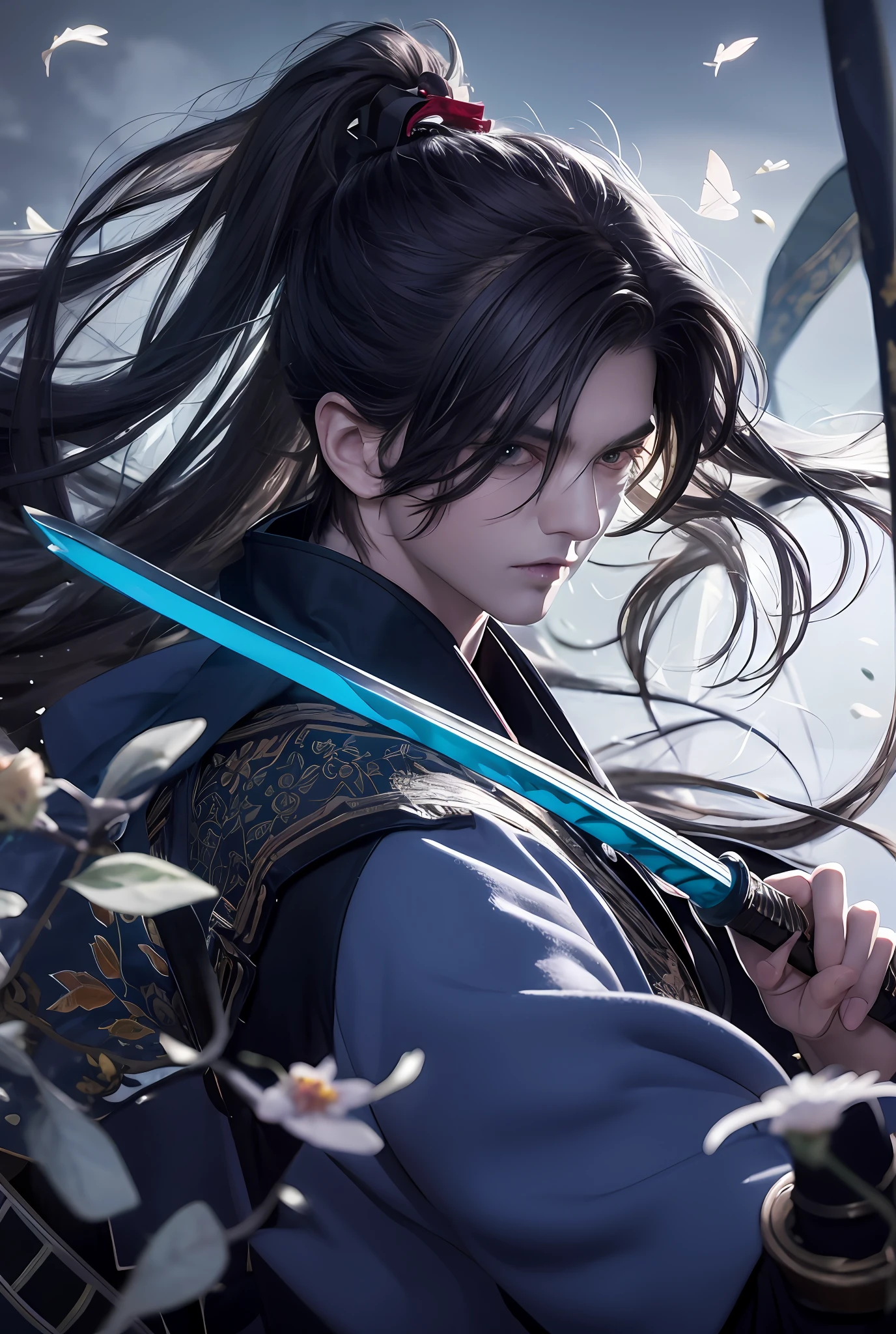 Blue-purple style, blue-purple long hair, fluttering ponytail, flying flowers, scabbard on the back, messy hair, broken hair, long hair, chivalry, very beautiful cyberpunk digital artwork, male focus, handsome, heroic and sassy, beautiful man, wearing a blue and white kimono, holding a long sword on the shoulder, chivalry style, high-quality detail depiction, blurred background and soft light set off, middle side shooting, middle side perspective, pattern decorations and ornaments, broken flowers and flying flowers, dense fog surrounding, light and shadow change extremely exquisite. Anime style 4k wallpaper.