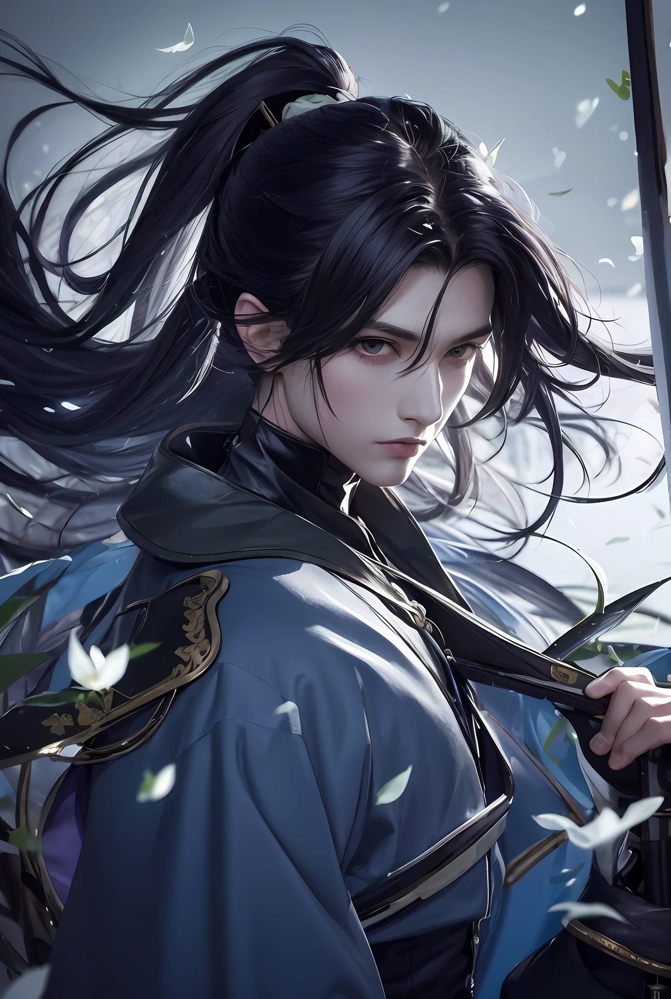 Blue-purple style, blue-purple long hair, fluttering ponytail, flying flowers, scabbard on the back, messy hair, broken hair, long hair, chivalry, very beautiful cyberpunk digital artwork, male focus, handsome, heroic and sassy, beautiful man, wearing a blue and white kimono, holding a long sword on the shoulder, chivalry style, high-quality detail depiction, blurred background and soft light set off, middle side shooting, middle side perspective, pattern decorations and ornaments, broken flowers and flying flowers, dense fog surrounding, light and shadow change extremely exquisite. Anime style 4k wallpaper.