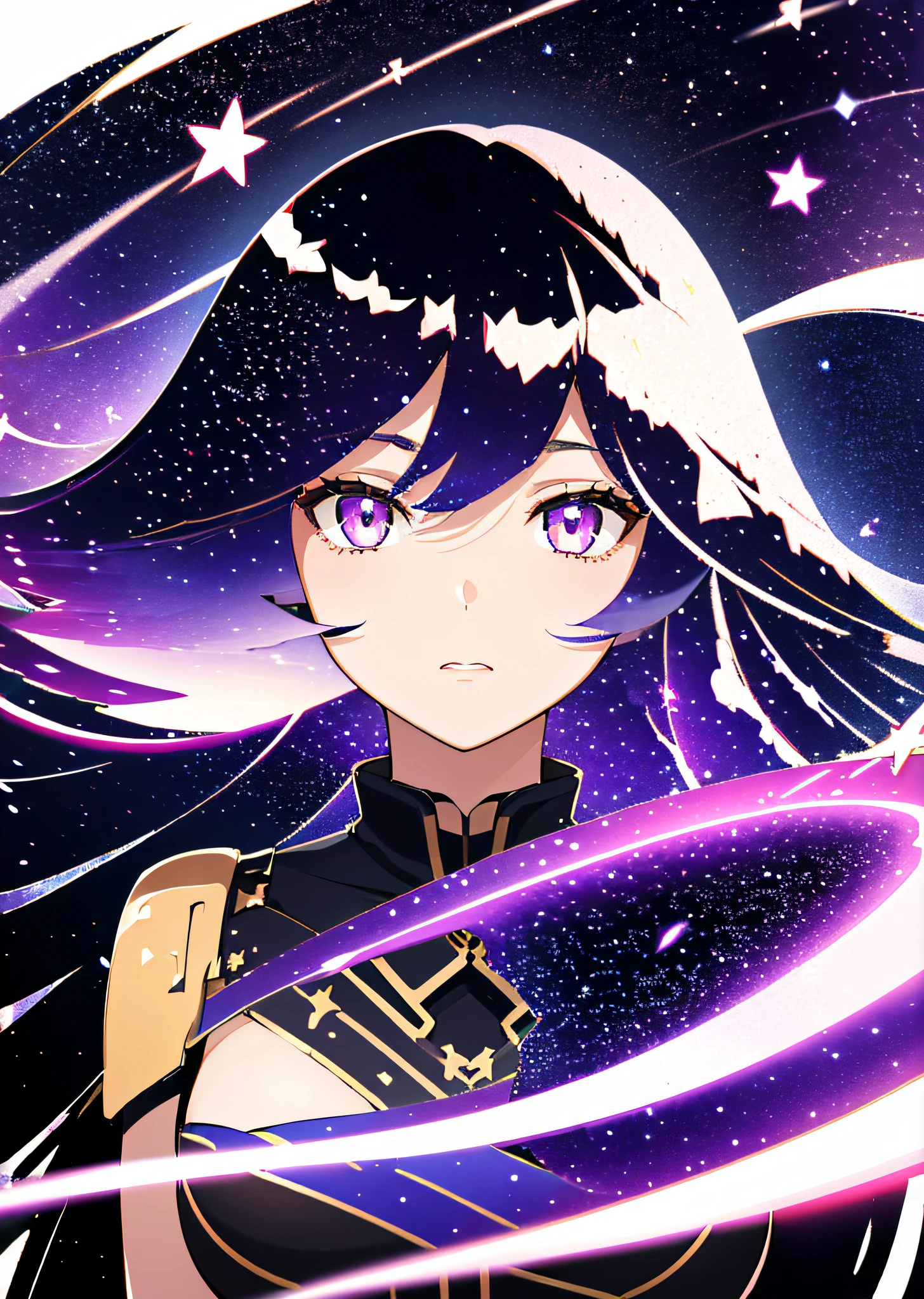 1girl, (white background:1.8), upper body, long hair, floting hair, starry sky, HshinoAi,(red gloves:1.3), tongue out, tongue, star \(symbol\), looking at viewer, (purple hair:1.2), purple eyes, upper body, hair ornament, :p, frills, pink shirt, smile, sleeveless, shirt, idol, symbol-shaped pupils, hands up, bangs, one side up, star-shaped pupils, arms up, dress pull, Roaring Twenties, isometric, flower