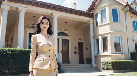 A beautiful woman standing in front of a big house --auto