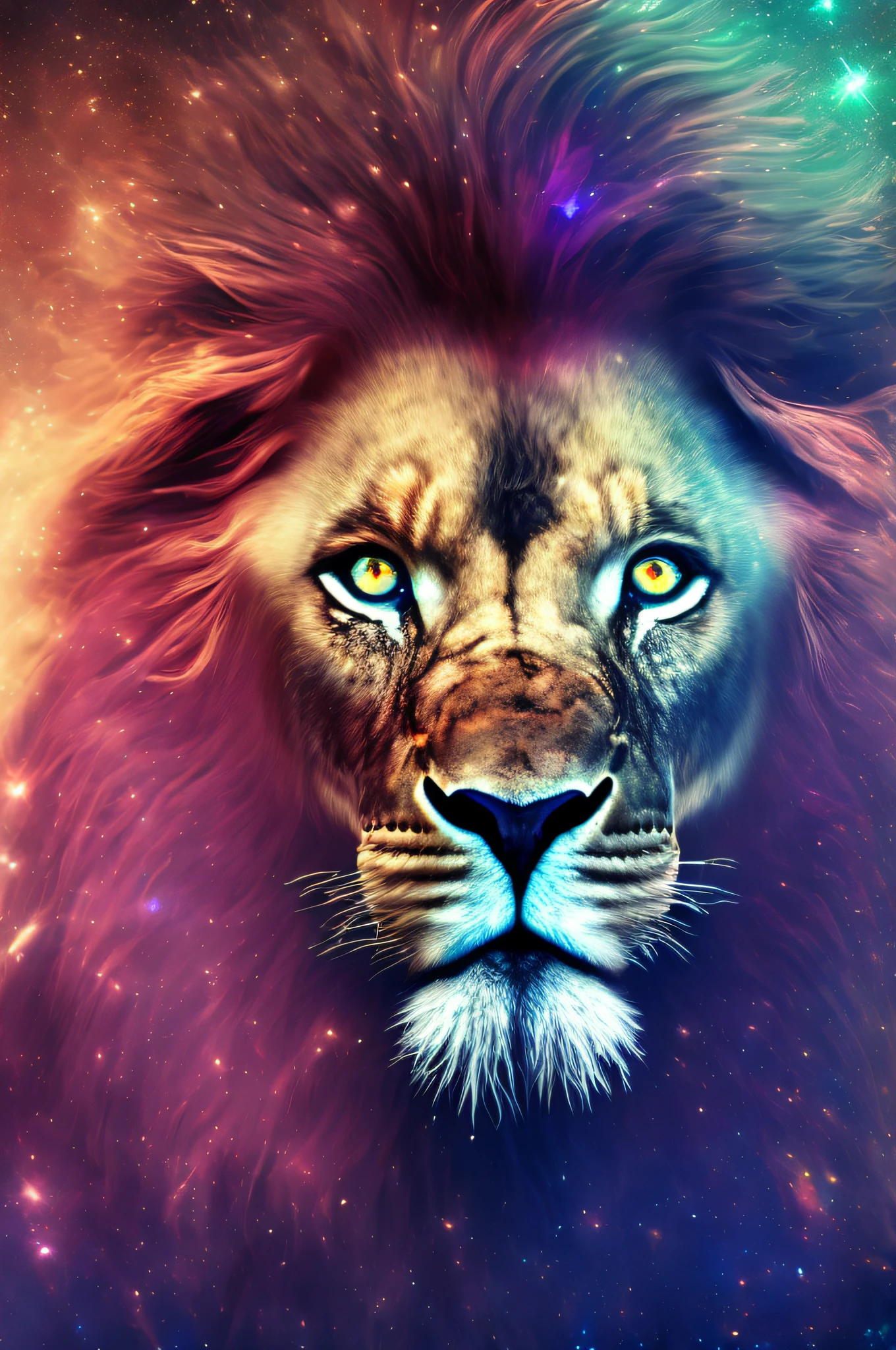 galaxies, spirals, outer space, nebulas, stele, smoke, iridescente, intricate-detail, in the form of a lion, octane rendering, 8K