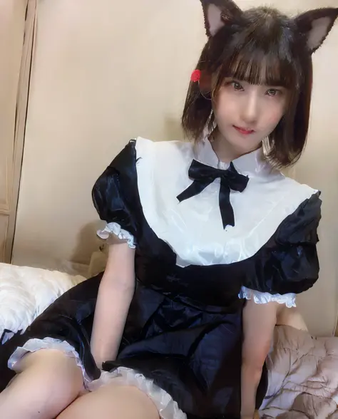There is a beautiful boy sitting on bed talking on mobile phone, loli in dress, cosplay of a catboy! maid! Dress, dressed with fluent clothes, dressed with long fluent clothes, frilly outfit, fairycore, belle delphine, High Quality Video, ruan cute vtuber,...