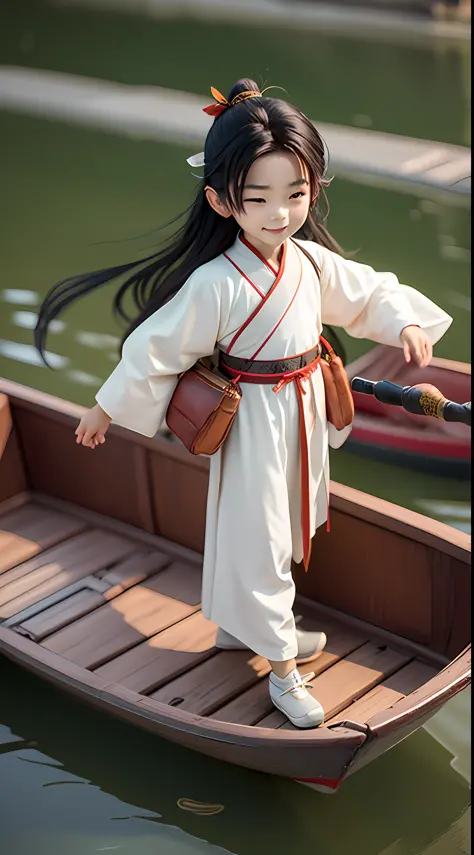 (Masterpiece),(Need),(Super meticulous),(Entire body:1.2)，（A little boy：1.3，Smile white Hanfu，with long black hair，Stand on a sm...