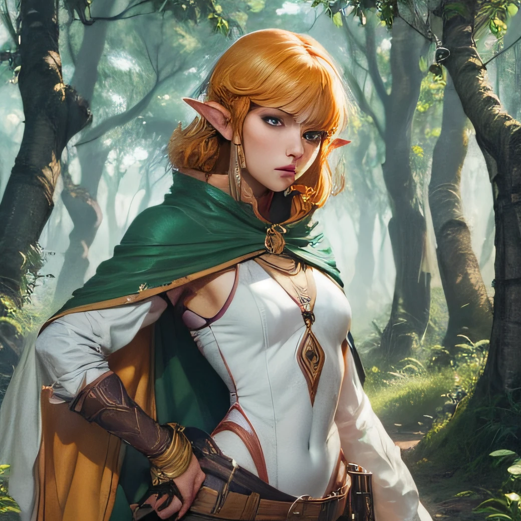 Character description: Elfa de olhos verdes expressivos, cabelos curtos e vibrantes de cor laranja, terminando acima dos ombros. Sua pele tem um tom alaranjado sutil, com nuances mais amarronzadas, providing an exotic look. A elfa tem uma altura de 1,65 metros, common trait for its species, e uma idade em torno de 16 ou 17 anos. Ela usa uma capa verde escura de tecido resistente e uma blusa branca fechada com detalhes em renda, que acrescenta um toque feminino ao seu visual. Their clothes are designed with loose fit to allow better movement in intense battles. Na parte inferior, ela opta por uma bermuda em tons terrosos, that goes up to near knee height, ou um short mais curto nas coxas, proporcionando conforto e liberdade de movimento. The elf has slightly twisted horns on its head, adding a striking feature. Ela exibe sardas levemente salientes no rosto e marcas semi-tribais pelo corpo, semelhantes a tatuagens, representing your connection to your elven heritage. In the night scene, ela usa um traje casual adequado para suas atividades como assassina e ladra. Your body is medium-sized, with an athletic constitution, toned muscles and subtle curves. She is skilled and lethal, equipada com uma adaga afiada e um arco elegante. Guns are an essential part of her approach as a killer, permitindo ataques precisos e silenciosos.