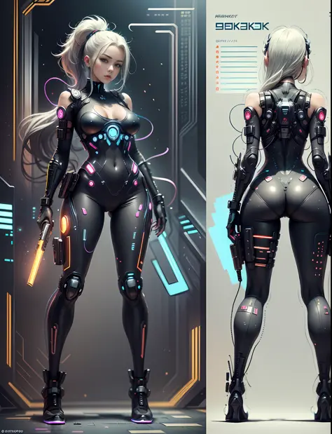 Japanese manga style character sheet of cyberpunk girl, front and back, full body, colorful cyberpunk bodysuit, white and black background, equipment, weapon, detailed, intricate