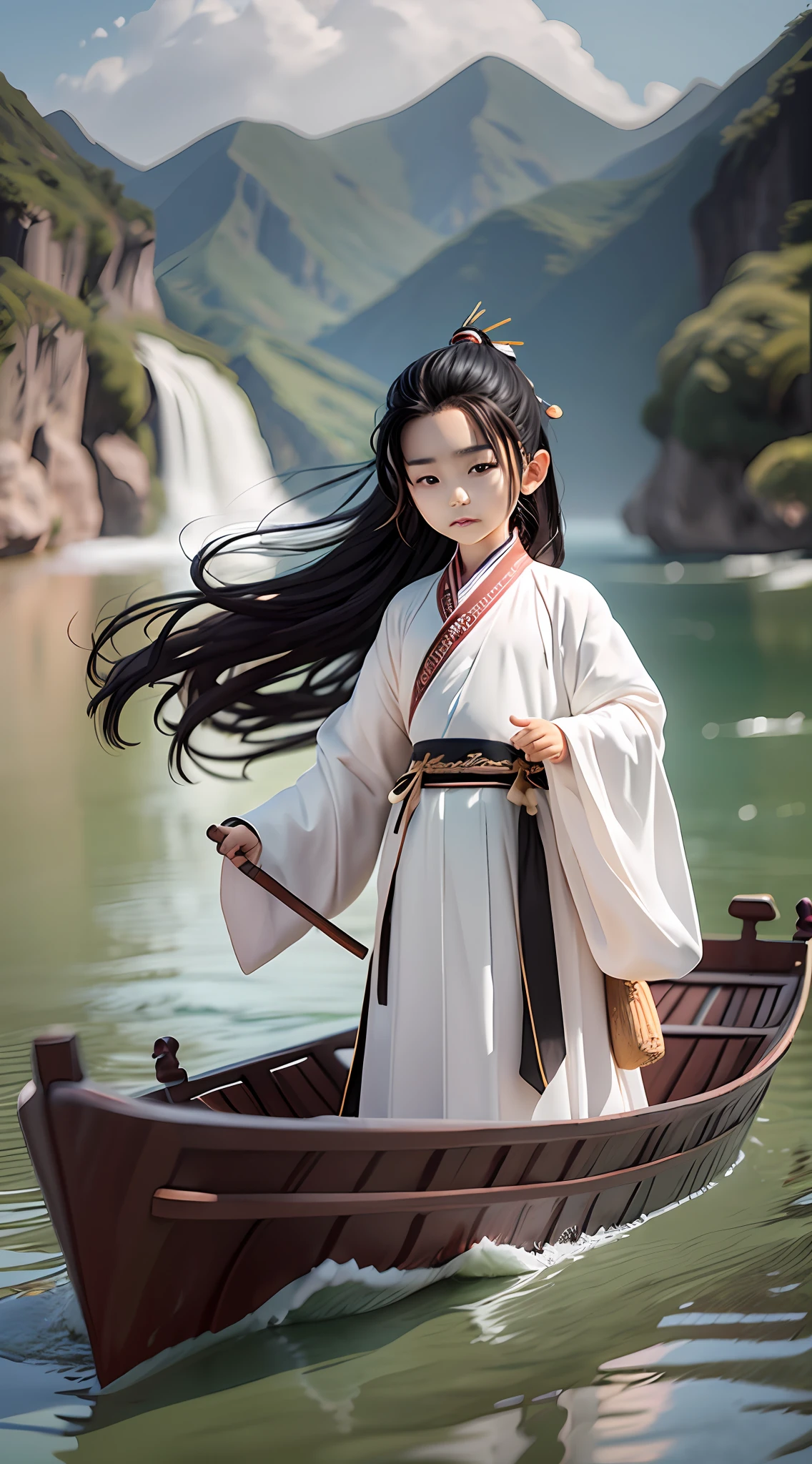 (Masterpiece),(Need),(Super meticulous),(Entire body:1.2)，（A little boy：1.3，cachinnation：1.3，White Hanfu，with long black hair，Sit in a small boat，The boat is rafting on the water)，（backdrop：Yangtze，Water streaks，boat，The wine altar on board，Mountains on both sides of the Yangtze River，）chibi，Full body