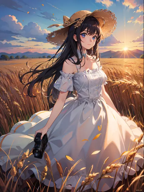 Ultra-clear realistic, sunset, wearing a beautiful dress hat girl, facial features clear delicate beautiful sunset, holding a camera, wheat fields, winding rivers, trees, Wheat haystack, warm style, surreal, ultra-high definition, 8K resolution, pixel perf...
