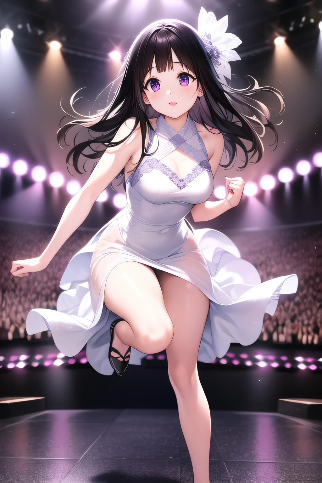 A superb exquisite Chitanda Eru, full body, purple eyes, black hair, natural straight hair, straight bangs, solo, ((idol)), ((on stage)), extremely delicate, straight facial features, peerless beautiful girl, soft, (sensual), (kawaii), dreamy quality, light white and dark brown, exaggerated facial features, solid color, frank holly, delicate face, bright lips smiling, slender waist, soft curves, real light and shadow, super fine, 4k, natural moving, Ultra high resolution, (masterpiece:1.2, best quality), (finely detailed beautiful eyes: 1.2), (beautiful detailed face)