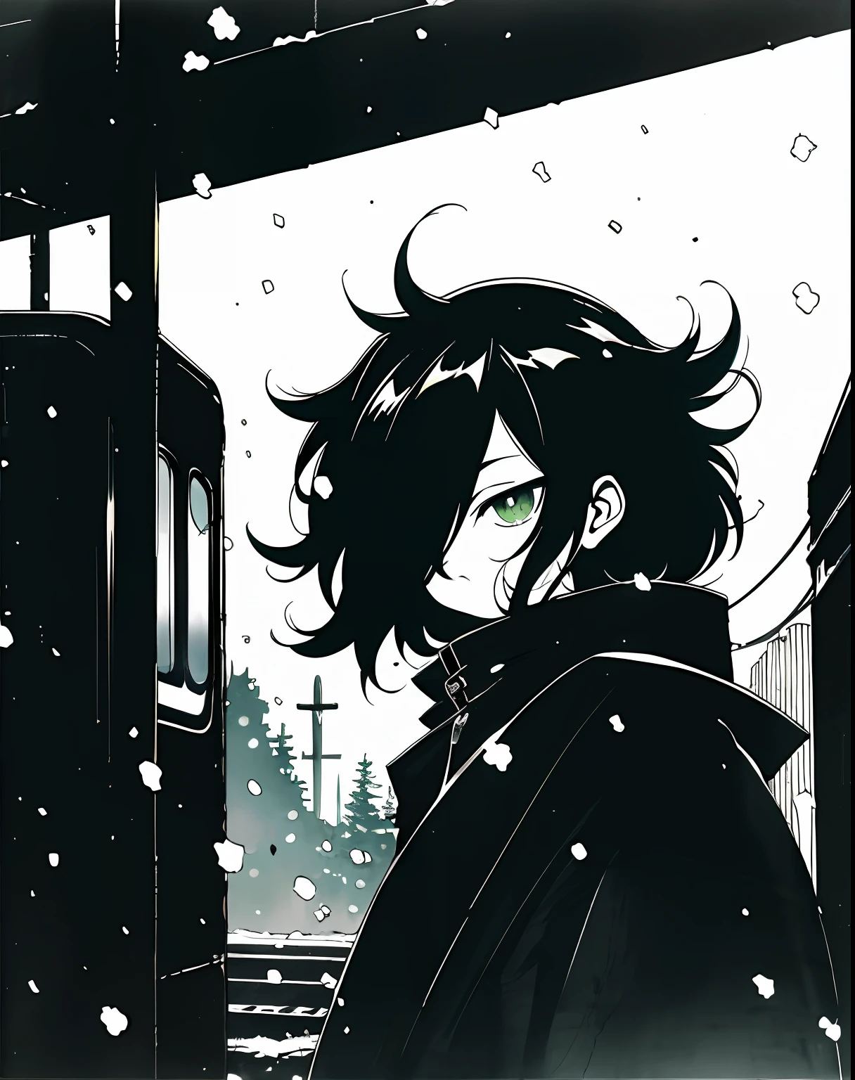 Kuroki-Tomoko at a train station looking up to the sky, (snowing), VHS, white background, vintage, (hair covering eyes), ((hair over one eye)), black coat, manga style, ((monochromatic)), green eyes, shot from far away, (side view)