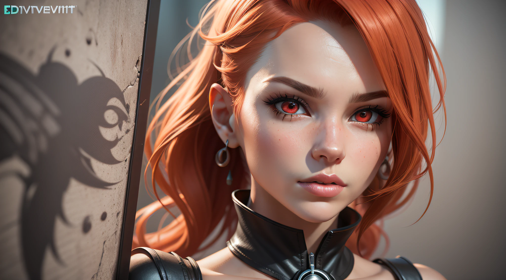 A Close Up Of An Orange Haired Woman Scarlet Red Eyes And Black Outfit 3 D Rendu Personnage