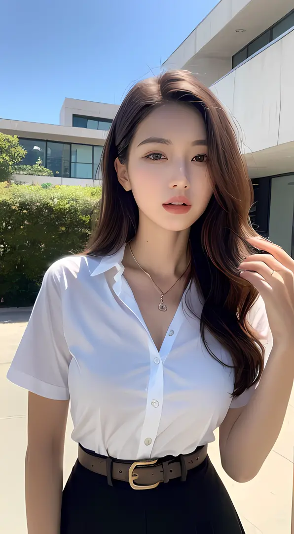 (Best quality, High resolution, Masterpiece :1.3), A tall and pretty woman, Slender abs, Dark brown hair styled in loose waves, Breasts, Wearing pendant, White button up shirt, Belt, Black skirt, (Modern architecture in background), Details exquisitely ren...
