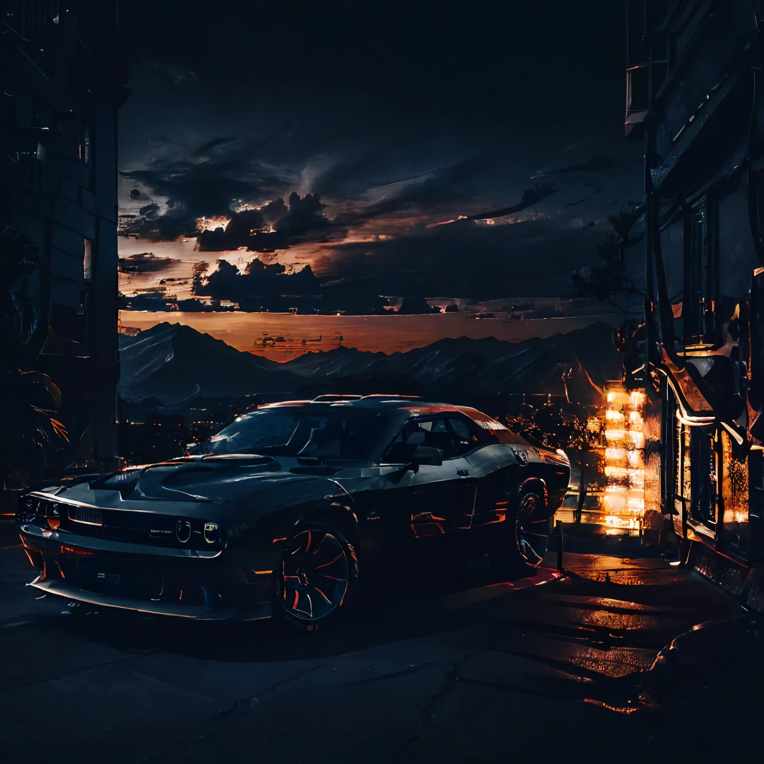 Fotografía de un fondo que se oscurece, (vista desde abajo con una vista del cielo), joven con capucha de espaldas con un Dodge Challenger rojo, negro, plomo (luces traceras encendidas), en una carrereta libre, Detalles de iluminación y realismo., 4k, ultra detallado. --auto