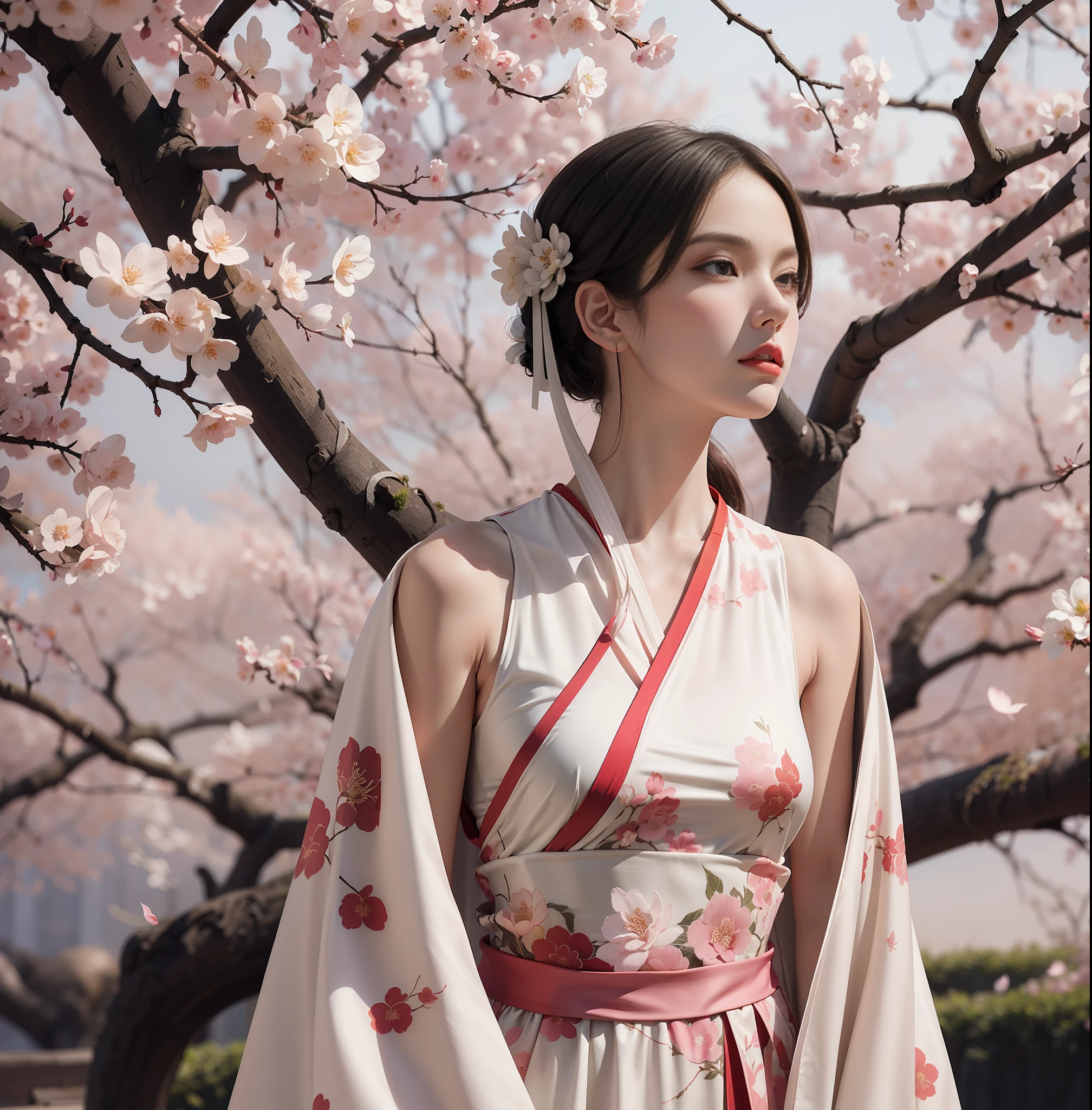 身著明代絲綢長袍的模特兒的空靈形象, 凝視遠方, 以超廣角拍攝, 位於風格化的櫻花花園中. 中等的: 官方, 藝術家: 埃里克·馬迪根·赫克 --ar 5:7 50 --風格原始 --s 2