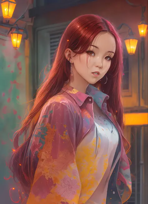 a woman, luminous design, pastel colors, Amai Liu, long red hair, paint drips, autumn lights