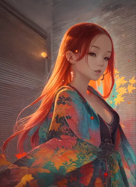 a woman, luminous design, pastel colors, amai liu, long red hair, paint drips, autumn lights