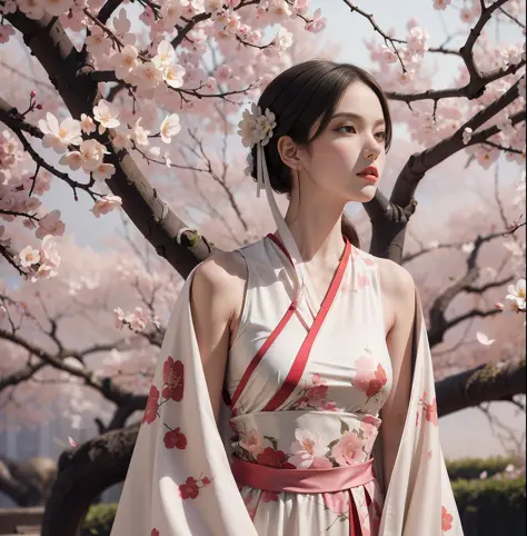 an ethereal image of a model in a ming dynasty inspired silk gown, gazing off into the distance, captured in an ultra-wide angle...