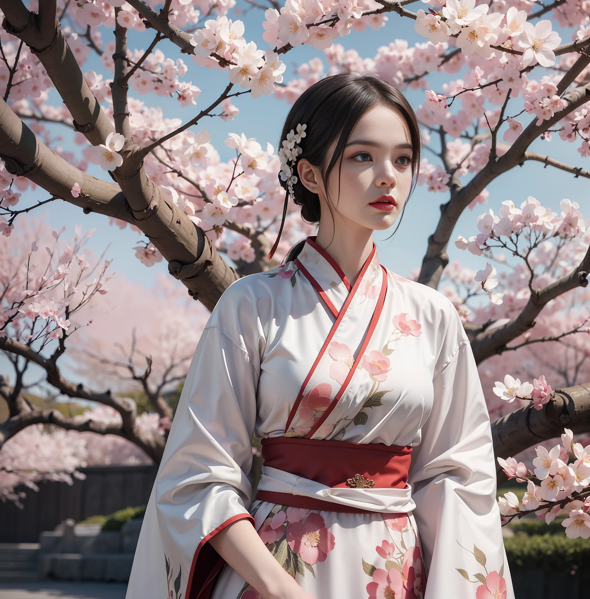 An ethereal image of a model in a Ming Dynasty inspired silk gown, gazing off into the distance, captured in an ultra-wide angle, amidst a stylized garden with cherry blossoms. medium: L'Officiel, Artist: Erik Madigan Heck  --ar 5:7 50 --style raw --s 2