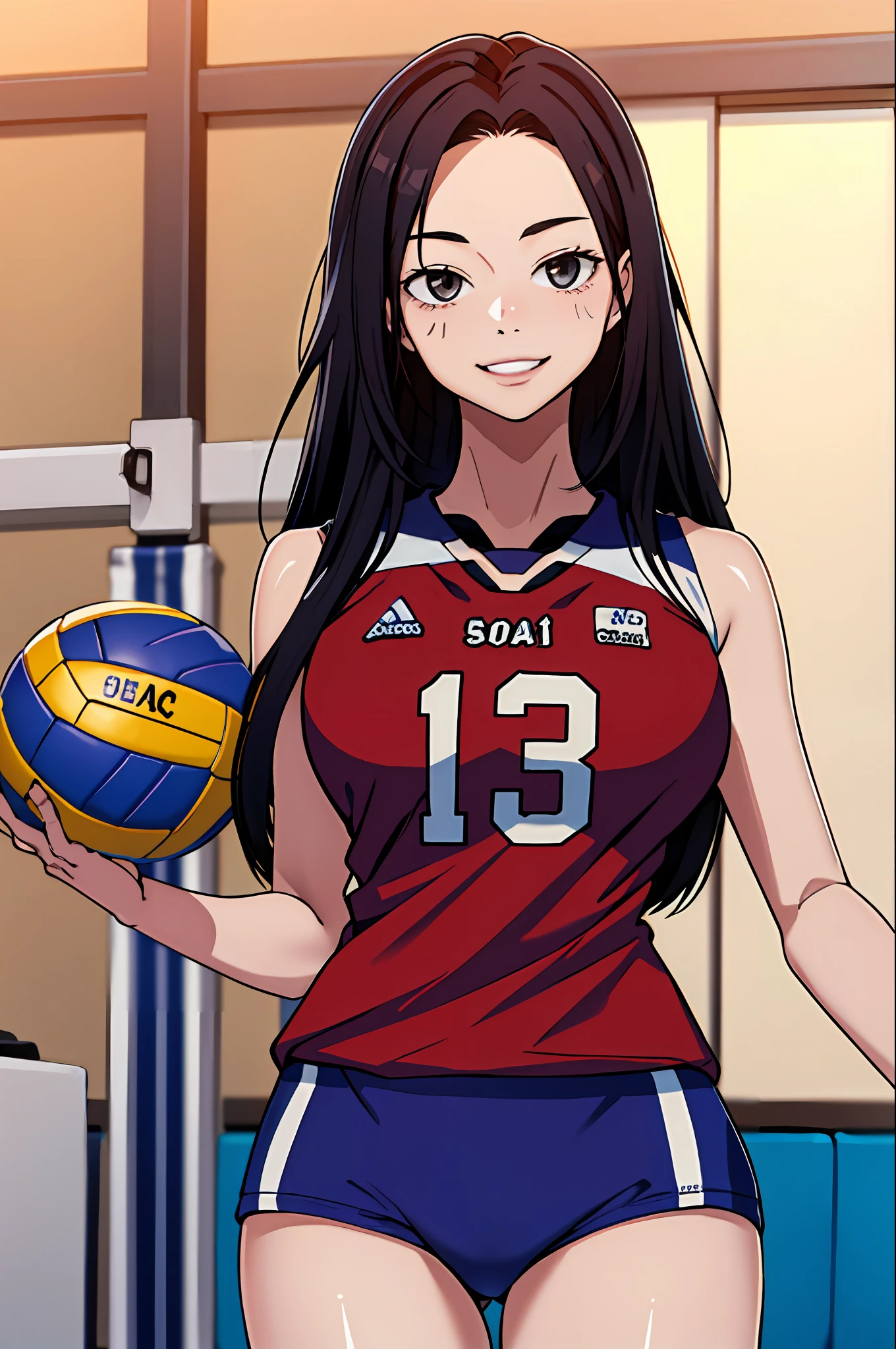 masterpiece, best quality, highres, depth of field, smiling, looking at viewer, 1girl, long hair, volleyball uniform, tall, indoor stadium, pureerosface_v1,  ulzzang-6500, holding a volleyball,