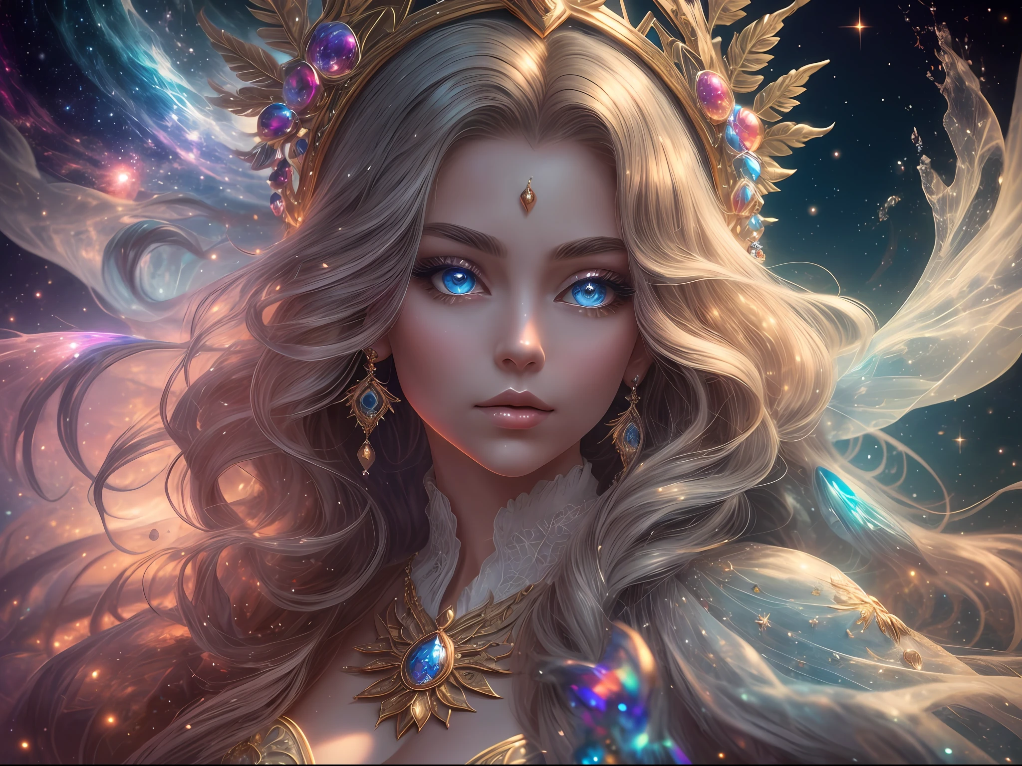 In the style of colorful mythic fantasy. Generate a celestial queen with long, curly hair. The queen has a beautifully detailed face with small, realistic details and naturally shaded eyes. Her lips are full and her mouth is wide, and her eyes are big, ultra-detailed, highly defined, and hires. Her face should be mature and look (middle-aged). Her clothing is silk, lace, and soft gossamer fur and feathers. Her clothing should be intricately detailed and delicately embroidered. Include a highly detailed celestial background. Include details with phantasmal iridescence, iridescence, bumps, and fantasy vibes. Light: Utilize innovative lighting techniques that enhance her eyes and enhance small details in the artwork. Camera: Utilize dynamic composition techniques to create an action-packed image that takes viewers on an adventure.