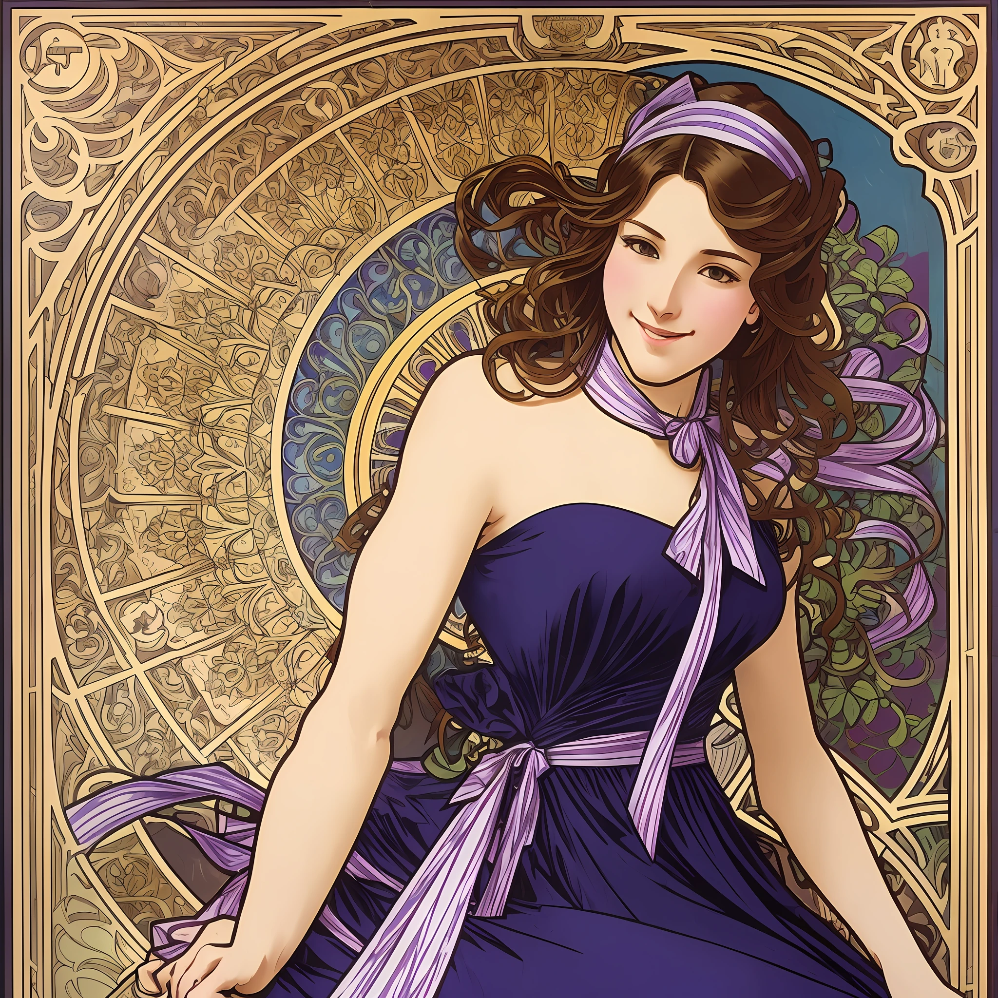 A Masterpiece, maximum quality,1女の子, solo, Alphonse Mucha and Art Nouveau brown-haired woman, Sorrisos, Dark blue dress、(Purple ribbon around the neck), --auto