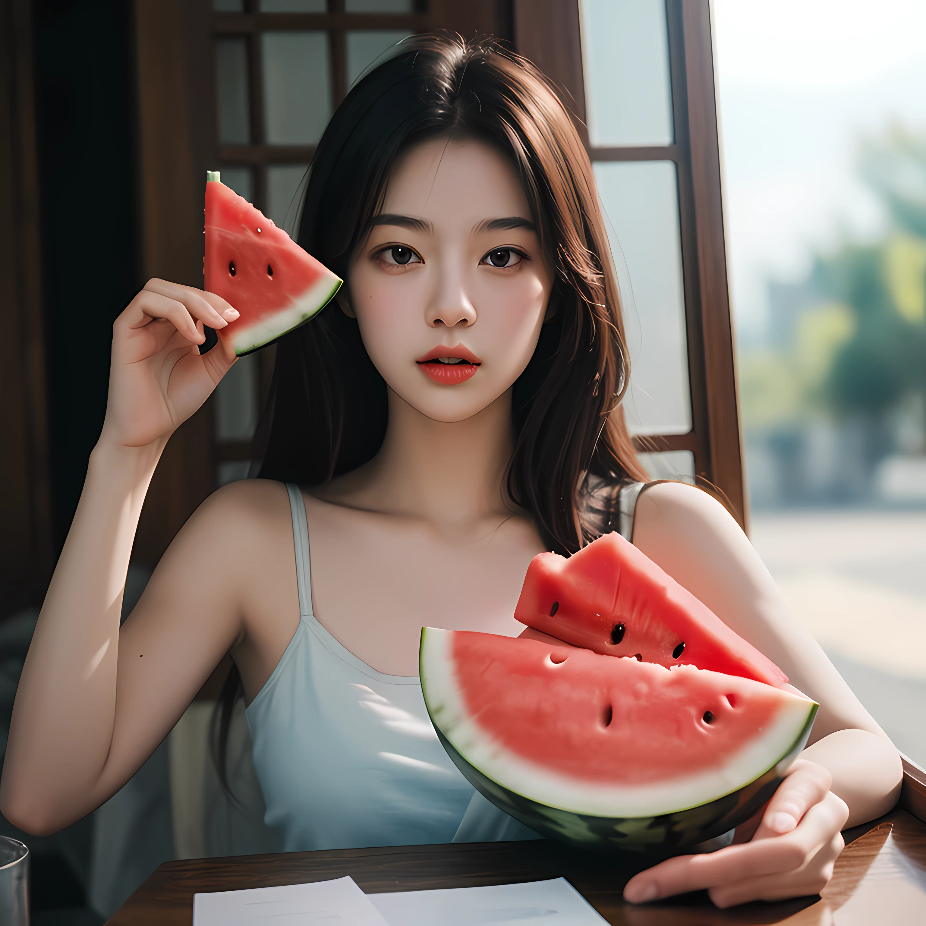 Masterpiece,an ultra realistic,32k,extremely detailed CG Unity 8k wallpapers, Best Quality, 1 girl, Eating watermelon, Summer, Film Color, (Film Overlay:1.2), (faded overlay:1.5),