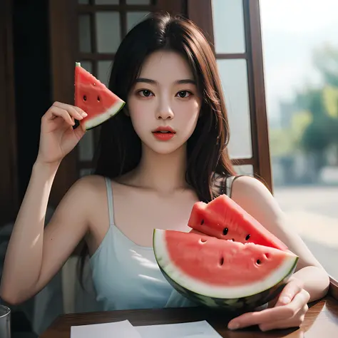 Masterpiece,an ultra realistic,32k,extremely detailed CG Unity 8k wallpapers, Best Quality, 1 girl, Eating watermelon, Summer, F...