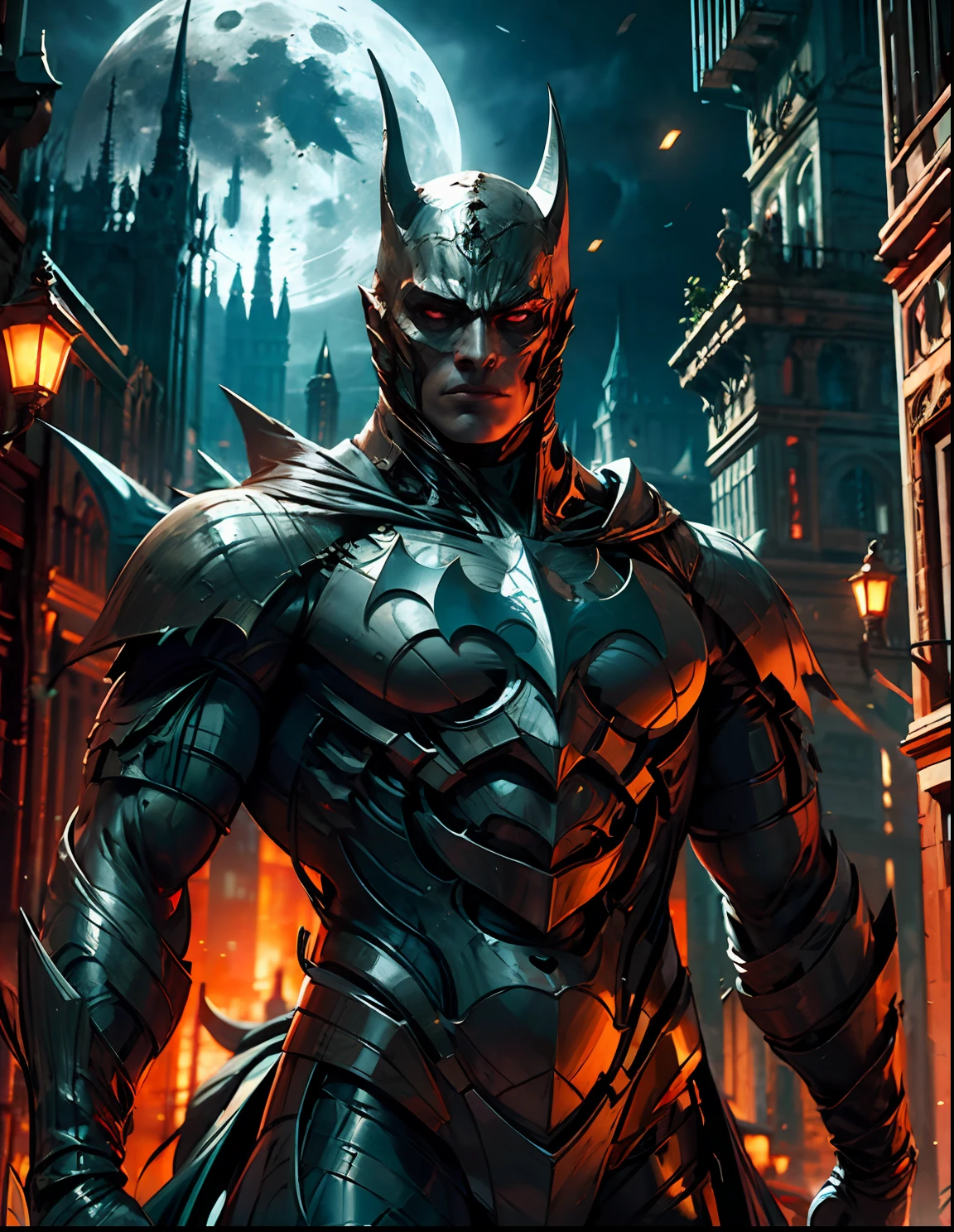 Batman from the dark knight stands imposing in a gothic lost city ...