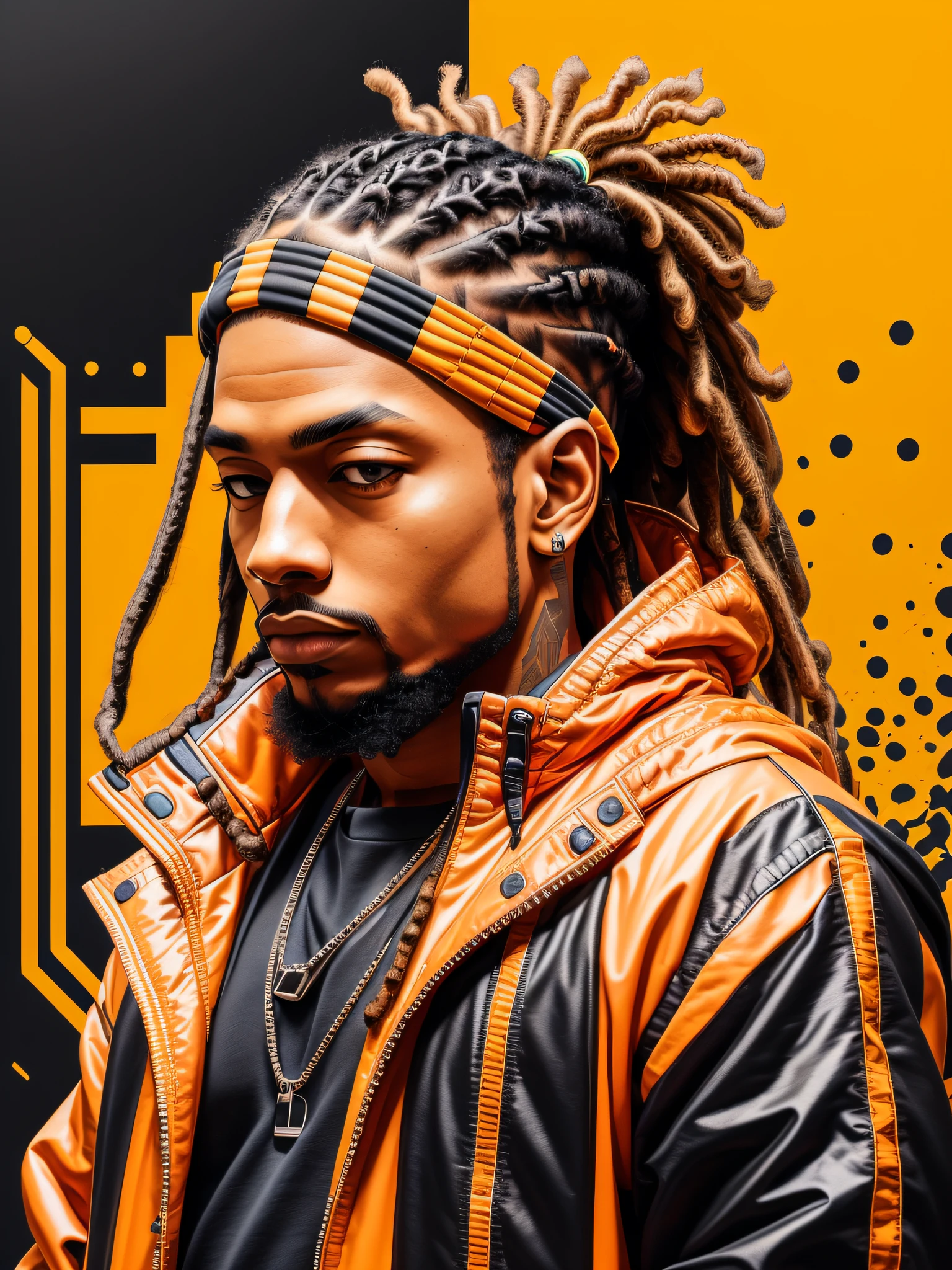 1 rapper com cabelo dreads, jaqueta techwear laranja, fundo abstrato minimalista