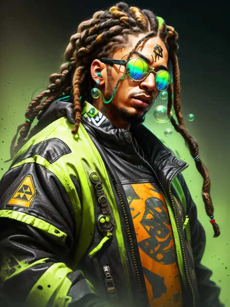 1 rapper with dreads hair, ToxicPunkAI techwear jacket, minimalist abstract ToxicPunkAI background, bubbles, melt