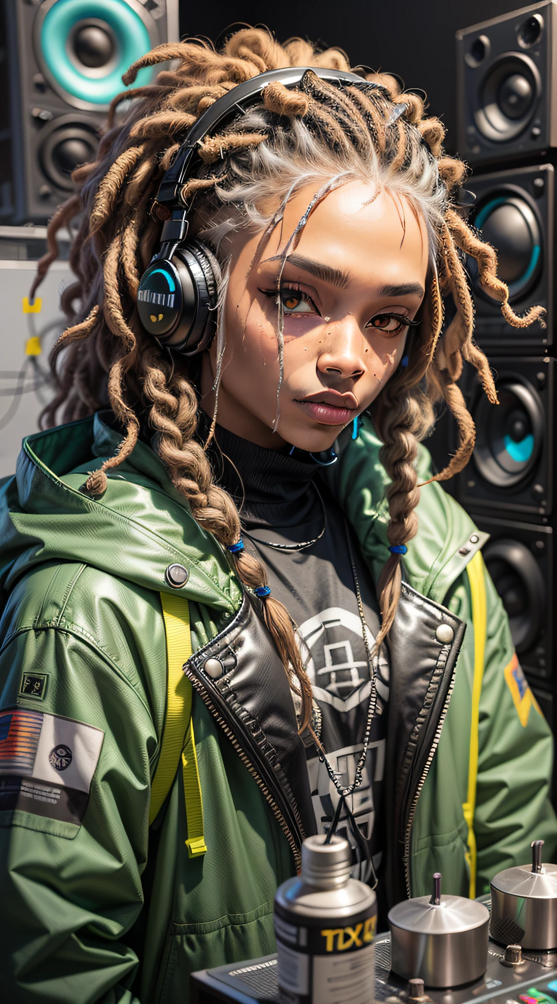 1 rapper with dreads hair, ToxicPunkAI techwear jacket, minimalist abstract ToxicPunkAI music mixer and speakers background, bubbles, melt, detailed, intricate