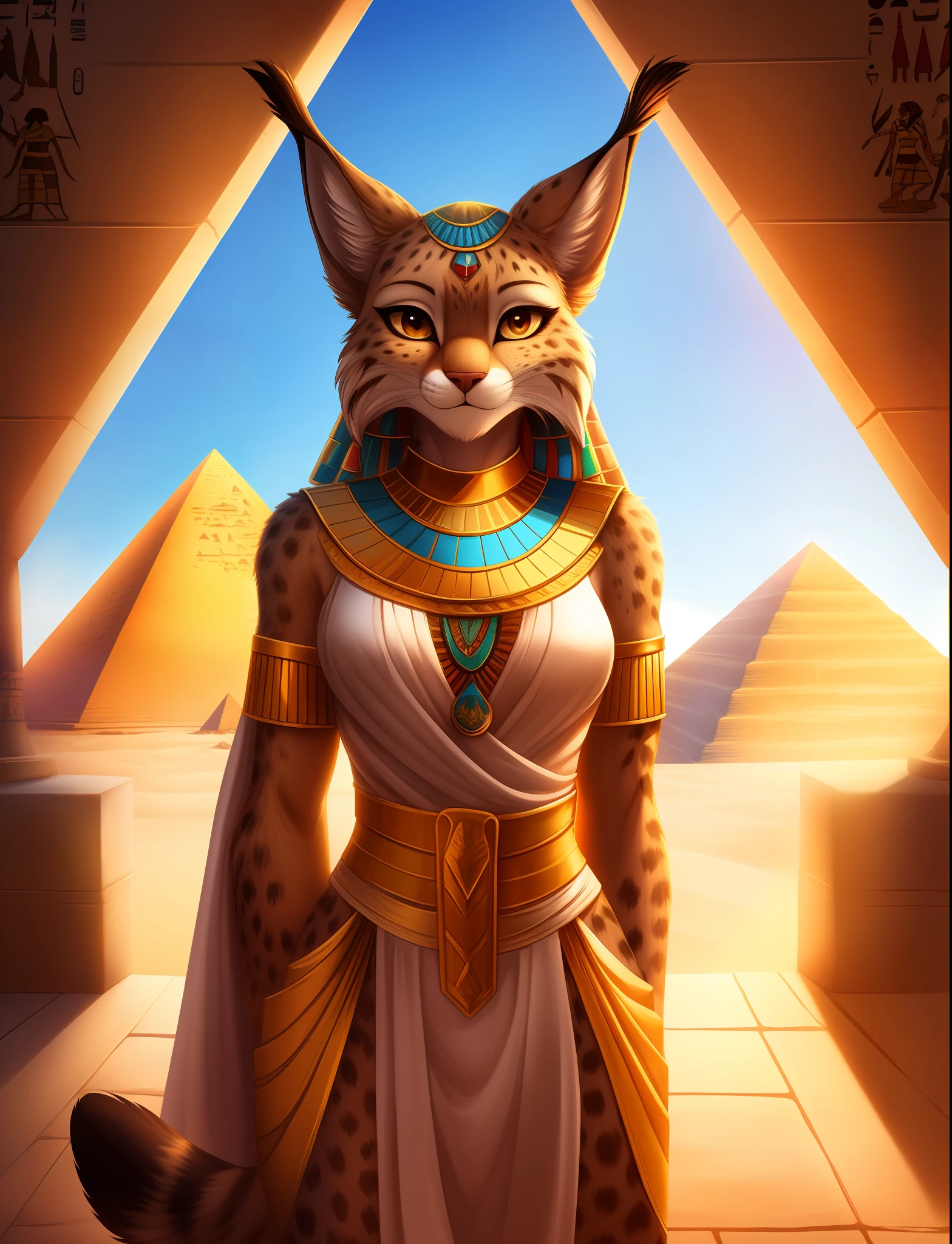 "pyramid perfect light, masterpiece, best quality, furry girl, hdr, solo, epic movie concept adorable, animal nose, outdoor, blue sky, sunlight, detail fur, Egyptian clothes, looking at viewer, Sheli, lynx"