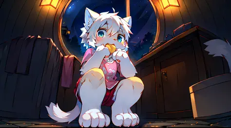 kitty，White hair，White ears，Light blue paws，White tail，Shota，A Masterpiece，Wear a pink T-shirt with a cat's claw print，SQUATTING...