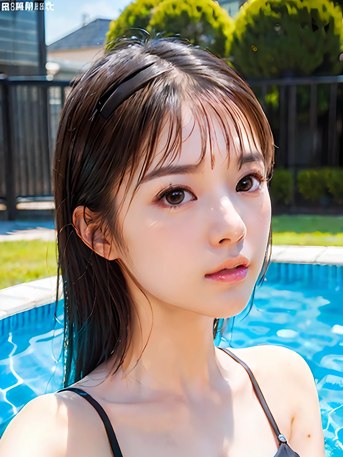 (8k、RAW Photography、maximum quality、Meisterwerk:1.2)、(Realstic、photo-realistic:1.37)、super high res、Depth-of-field、Color Aberration、Caustics、Broadlighting、Natural Shading、Fujifilm XT3、Meisterwerk、Ultra-detail、Tower、swimming suit、1girl、solo、standing a、lookind at viewer、out door、pools、Ultra-fine face、Ultra Fine Lips、Ultra-fine eyes、Double eyelidd、super-detail