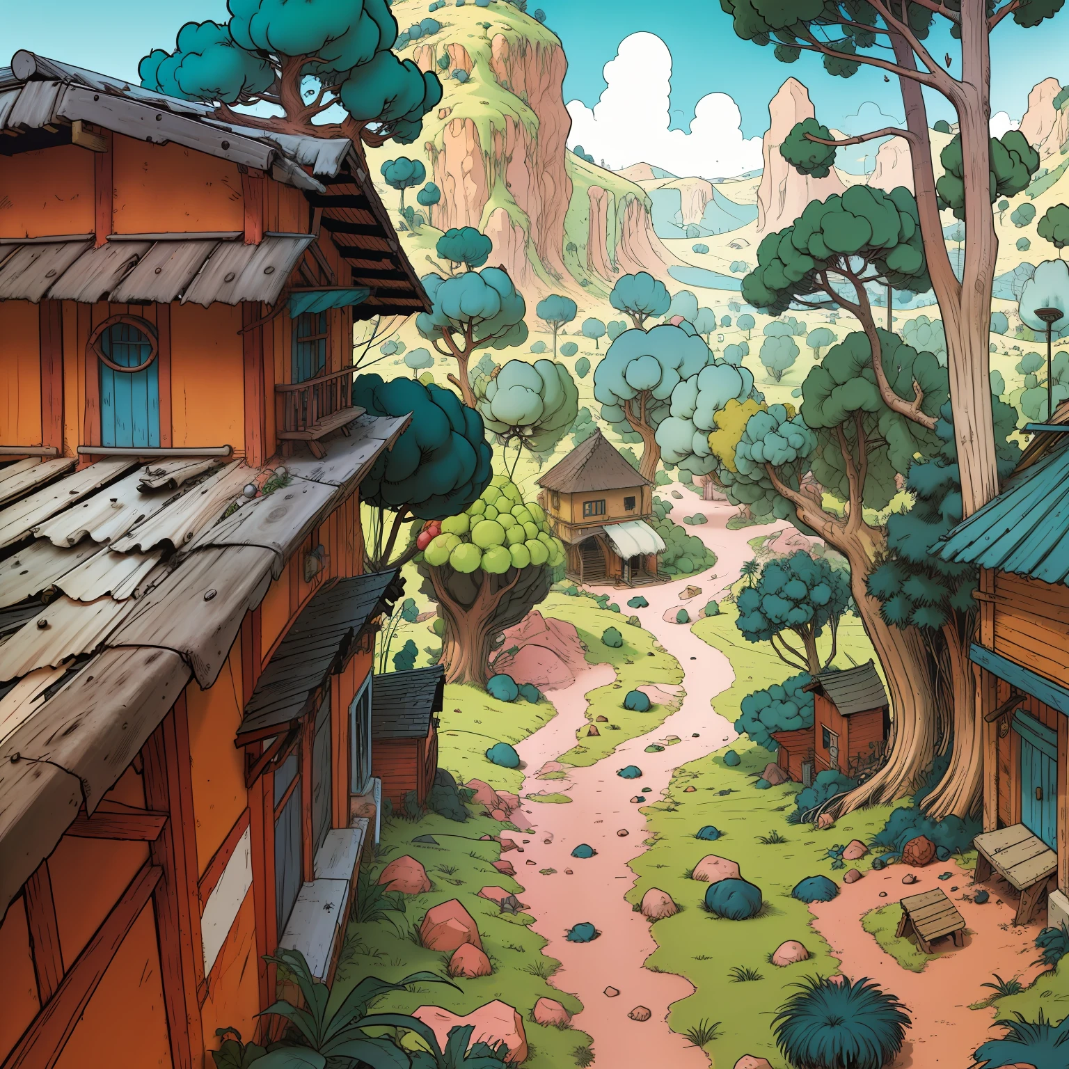 kleines verlassenes Dorf,mittelalterlicher Stil,ein Dorf mit einem Wald im Hintergrund,2 Berge im Hintergrund, Manga-Filme,Akira Toriyamas Eigenschaft,Schwarz und weiß,tom Schwarz und weiß,lineart,Manga-Filme panel