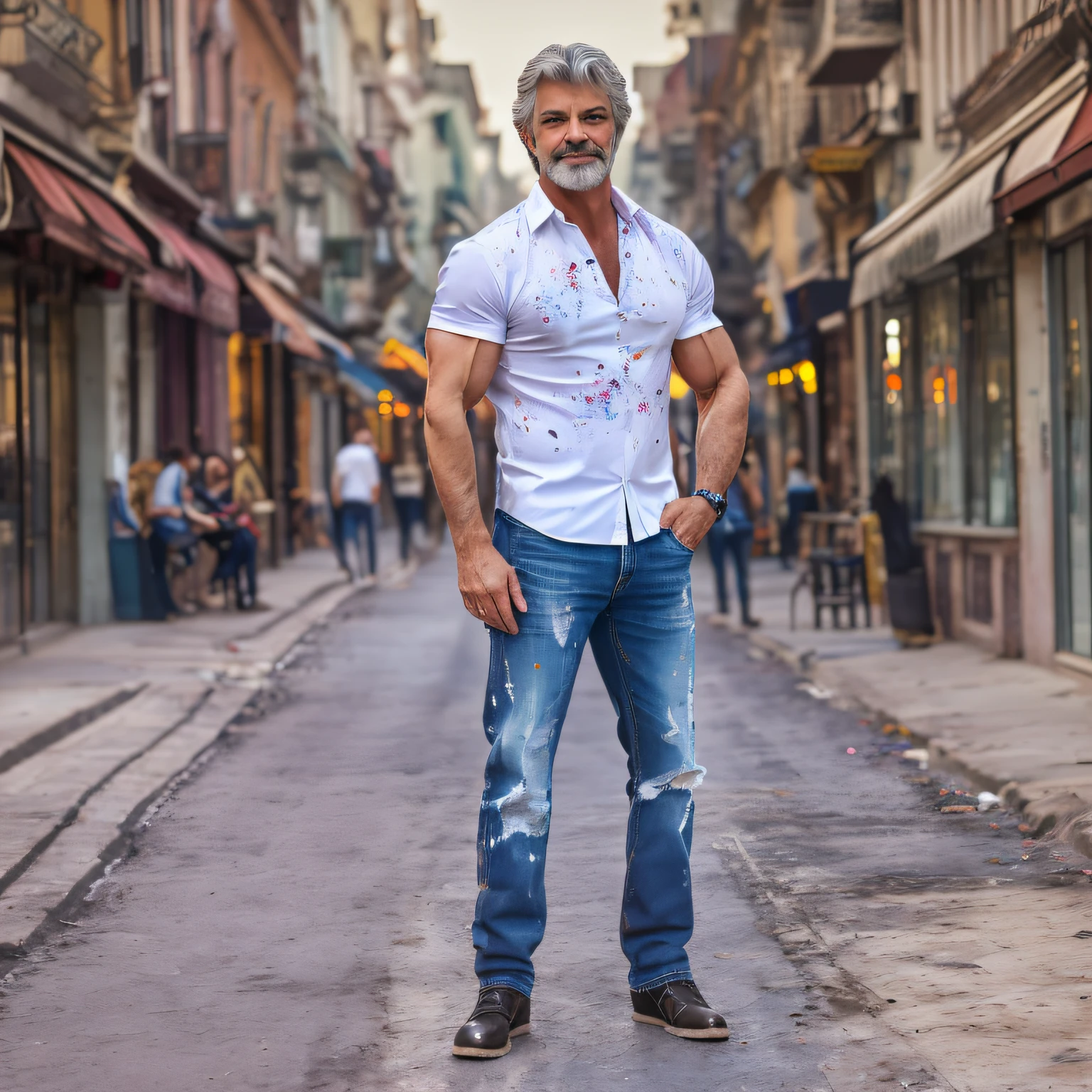 (Highest quality, amazing details: 1.4), masterpiece, original characters, natural volumetric lighting and better shadows, deep depth of field, sharp focus, portrait of the man 45 years incredibly beautiful muscles, full body, beautiful face manly, beard, attractive with clear eyes, seductive smile, shaggy short gray hair, white tight shirt, jeans, (messy painted body: 1.05), (street background with shops: 1.15), shopping street, (standing with arms crossed: 1.2), picturesque, overexposure, photorealism, photorealistic, nsfw, sexy,, sharp, focused, centered, sensual, HD, 8k, DSLR, RAW --auto --s2
