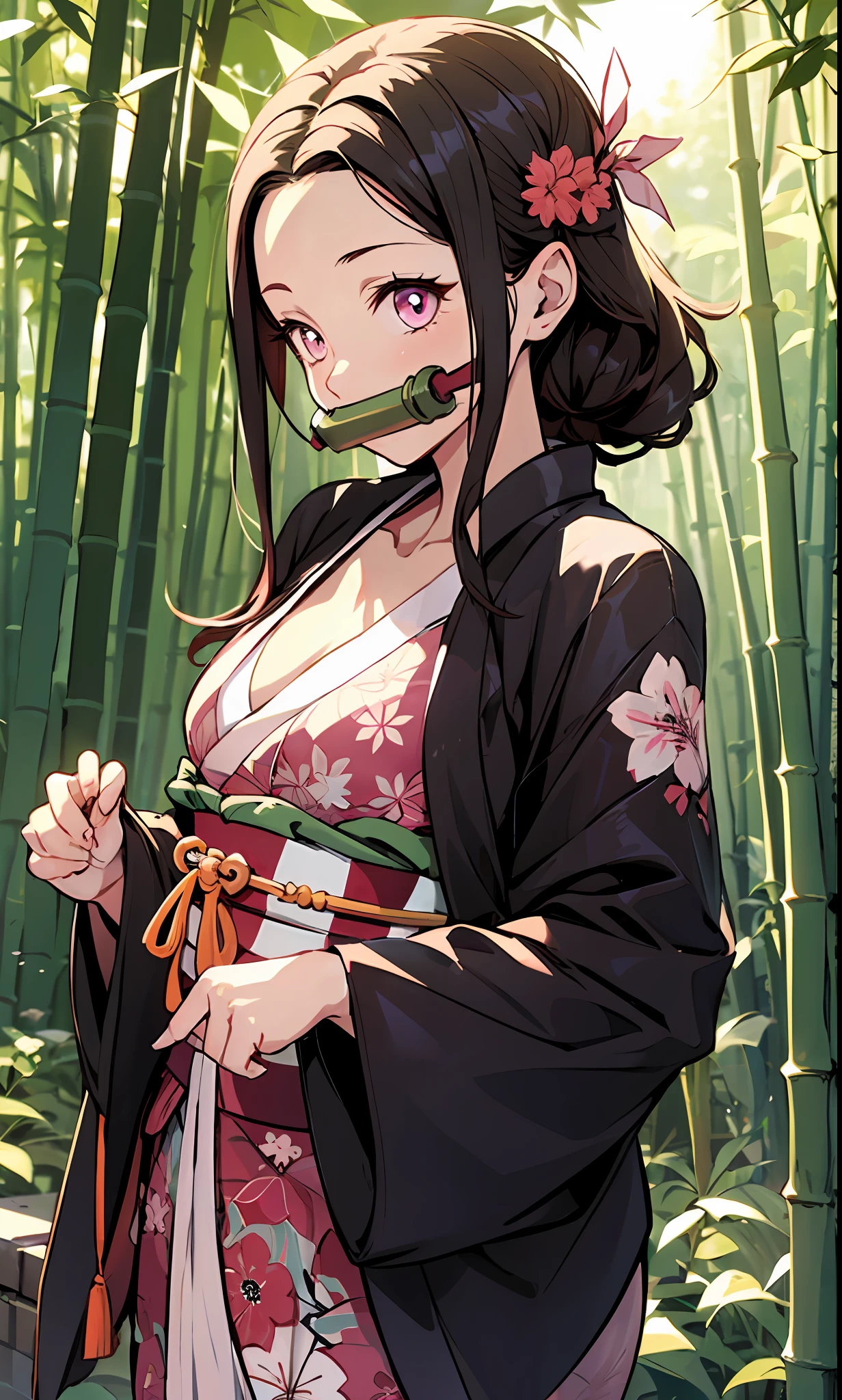 Meisterwerk, (Pink kimono), Seductive face, good lighting, Decollete, finelydetail, Meisterwerk, Glowing eyes, 1女の子, brunet, gag, bamboo, bamboo, Nezuko Takedo, Background of the Taisho era, Meisterwerk, maximum quality,Entire body, thin-waist,small-medium breasts、thighhights。