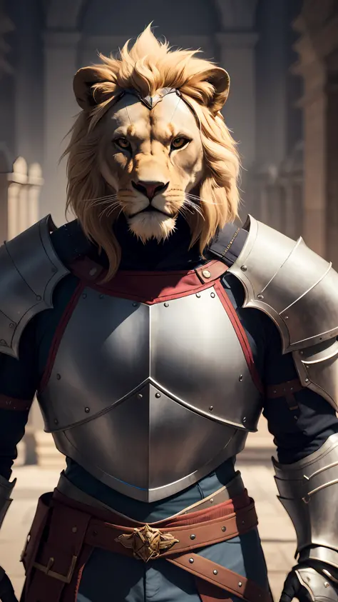 anthropomorphic lion knight::3 retrato, armadura finamente detalhada, design intrincado, prata, este, cinematographic lighting, ...