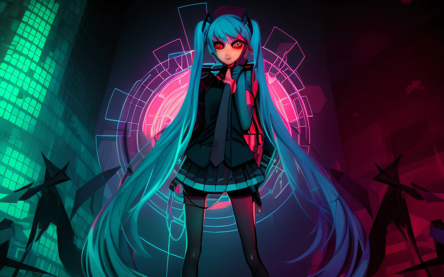 Dark portrait of Marvel's Bloody Miku Hatsune with intricate cybernetic implants angled inside the brutalist building, Gothic brutalist cathedral, Cyberpunk, Foto premiada, Bokeh, neon lights, membro cyber