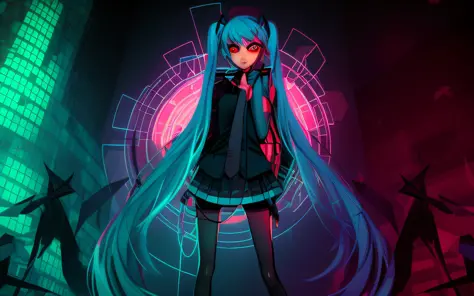 dark portrait of marvel's bloody miku hatsune with intricate cybernetic implants angled inside the brutalist building, gothic br...