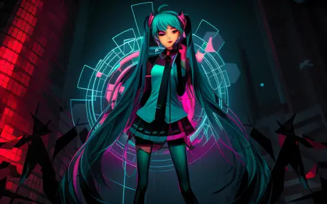 dark portrait of marvel's bloody miku hatsune with intricate cybernetic implants angled inside the brutalist building, gothic br...