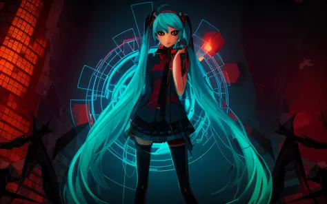 dark portrait of marvel's bloody miku hatsune with intricate cybernetic implants angled inside the brutalist building, gothic br...