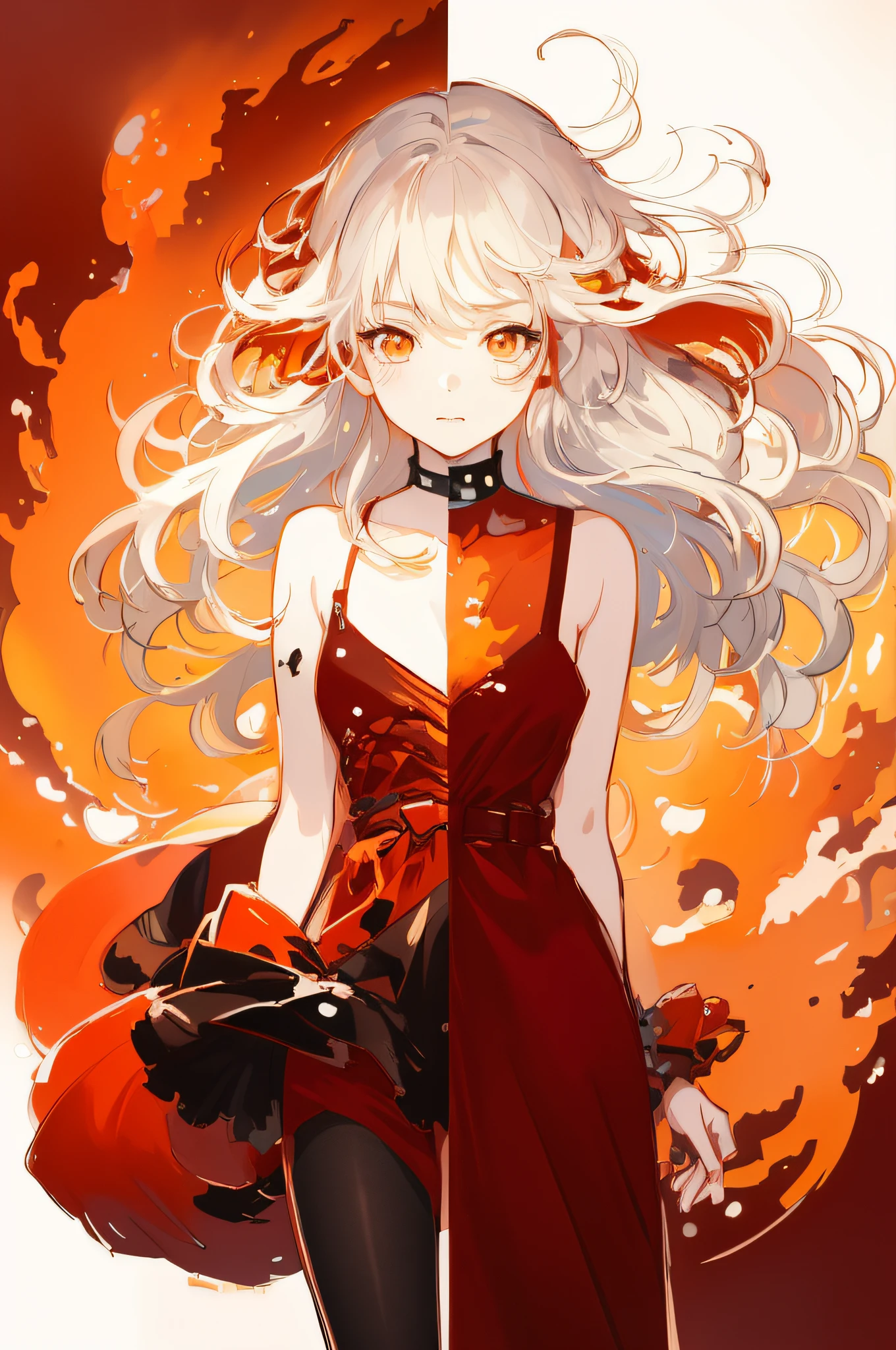 anime girl with long white hair and red dress standing in front of a red and orange background, anime illustration, digital art on pixiv, loli in dress, anime inspired, clean detailed anime art, anime character art, detailed anime character art, anime style illustration, anime character; full body art, digital anime illustration, pixiv style, anime style art