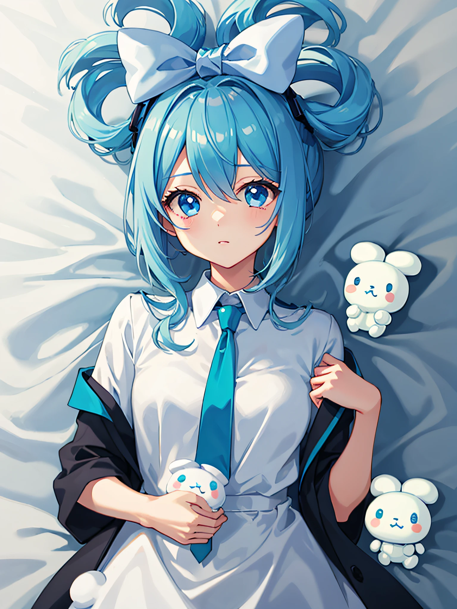 1girl, solo, Cinnamiku, blue hair, blue eyes, hair rings, hair bow, blue bow, (cinnamoroll, tied ears, sanrio, 1other, creature:1.2) black sleeves, bare shoulders, blue necktie, wide sleeves, collared shirt, detached sleeves, necktie, blue necktie, kawaii,