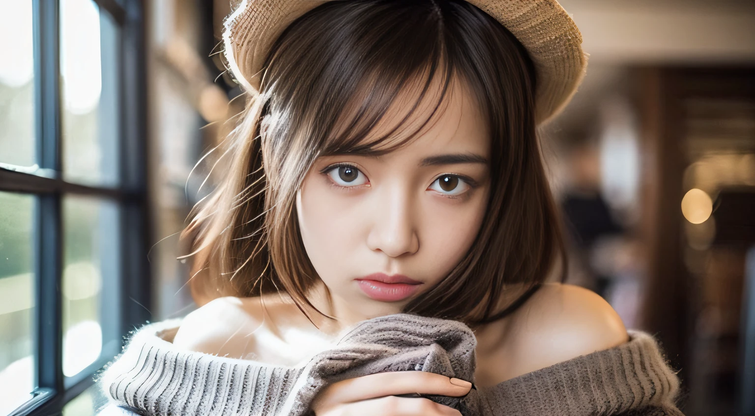 16-year-old Japan beautiful girl glaring angrily、off-shoulder sweater、Face close-up、get angry、glareing