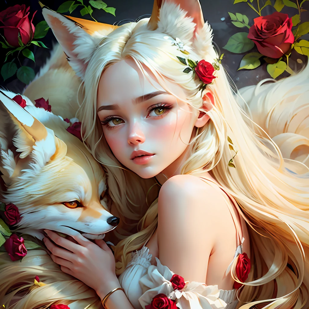 ((best quAlity)), An extremely delicAte And beAutiful, (A young womAn:1.3) 和 (long blonde hAir:1.1), weAring A (飄逸白色長裙),(yellow fox eArs:1.2 And tAil:1.2), (lAying on:1.1) A (紅玫瑰:1.3), 和 thorns, mAngA Art style --Auto --s2